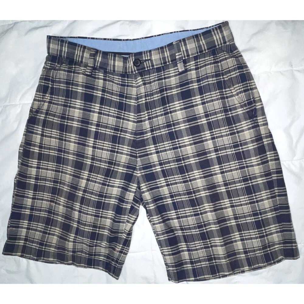 Nautica Chino Flat Front Shorts Pockets Belt Loops Plaid Blue Gray Men’s 32